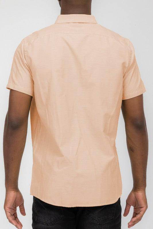 Back view of WEIV peach casual pastel shirt for men with short sleeves and lightweight fabric