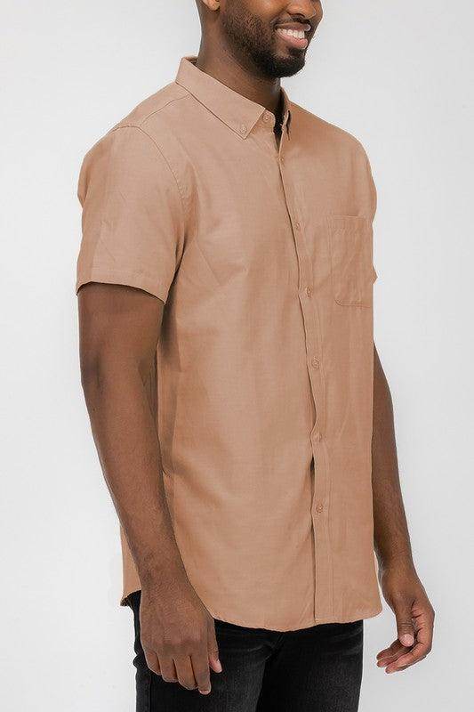 WEIV Men's Casual Pastel Shirt in Tan with Short Sleeves and Button Closure