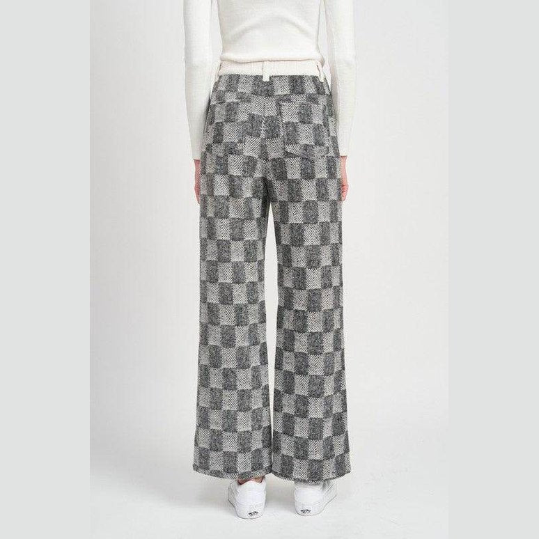 Back view of Emory Park casual plaid trousers with a wide-leg fit and checkered pattern