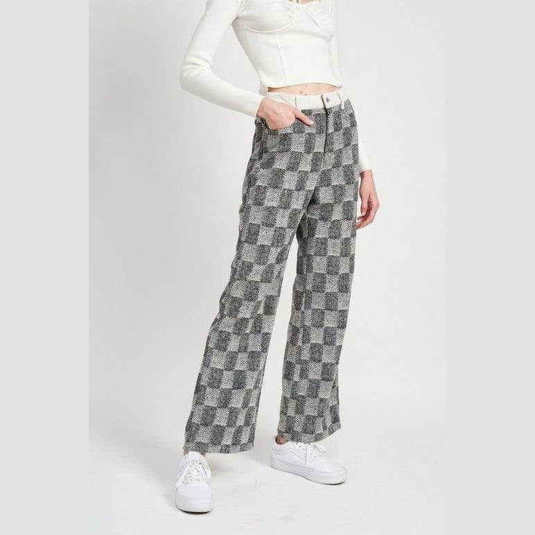 Emory Park women's casual plaid trousers in gray and black with a loose fit and side pockets