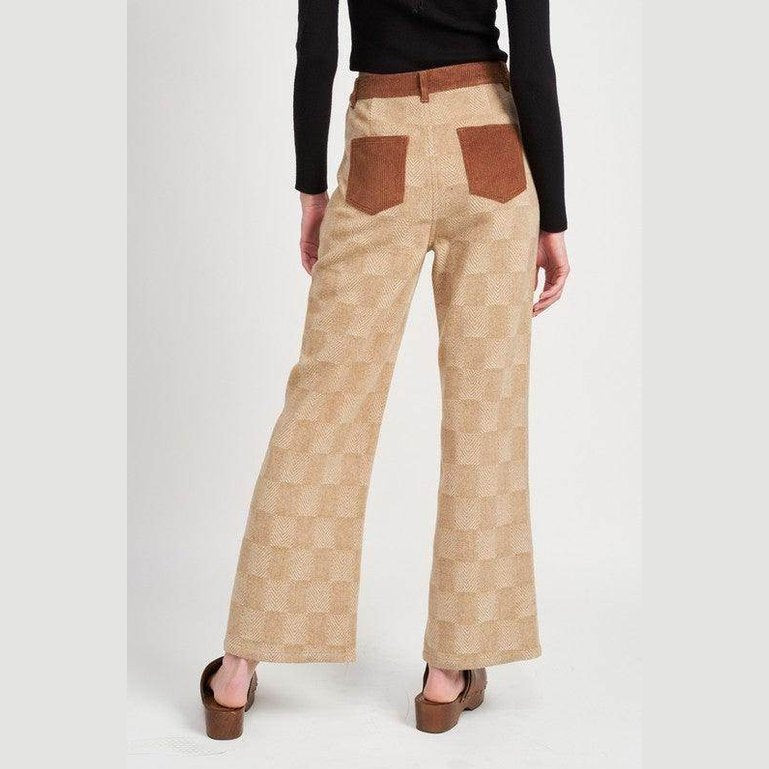 Back view of Emory Park women's casual plaid trousers with brown pockets and a wide-leg design