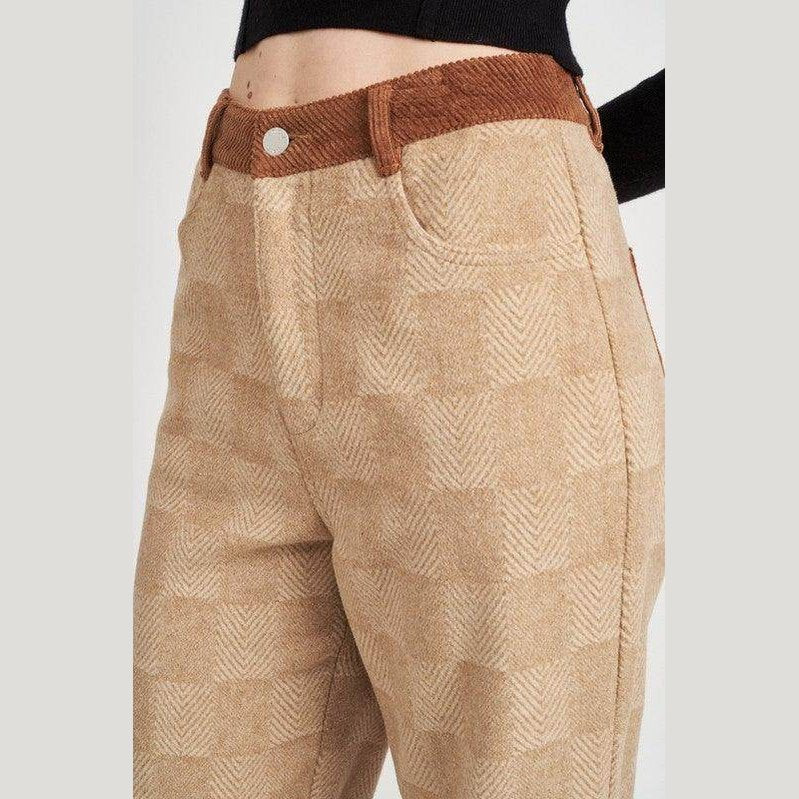 Emory Park women's casual plaid trousers in beige herringbone pattern with a stylish waistband