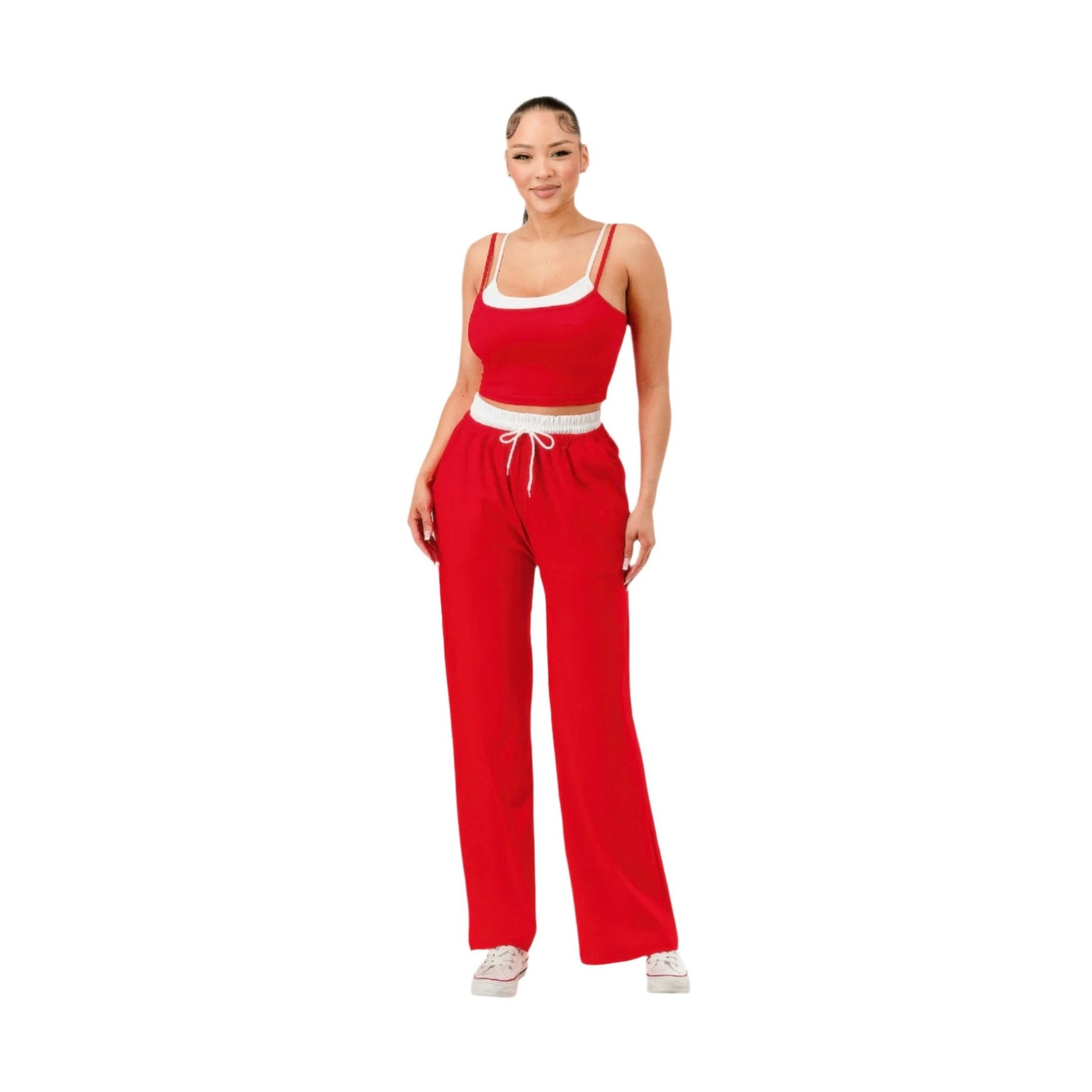 Casual red matching set for women with white trim tank top and drawstring pants