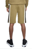 Men's olive green casual summer shorts with side stripes for comfort and style