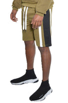 Men's casual summer shorts in olive green with white side stripes for comfortable styling