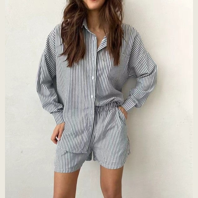 Miss Sparkling casual summer two piece set with black and white vertical stripes and long sleeves