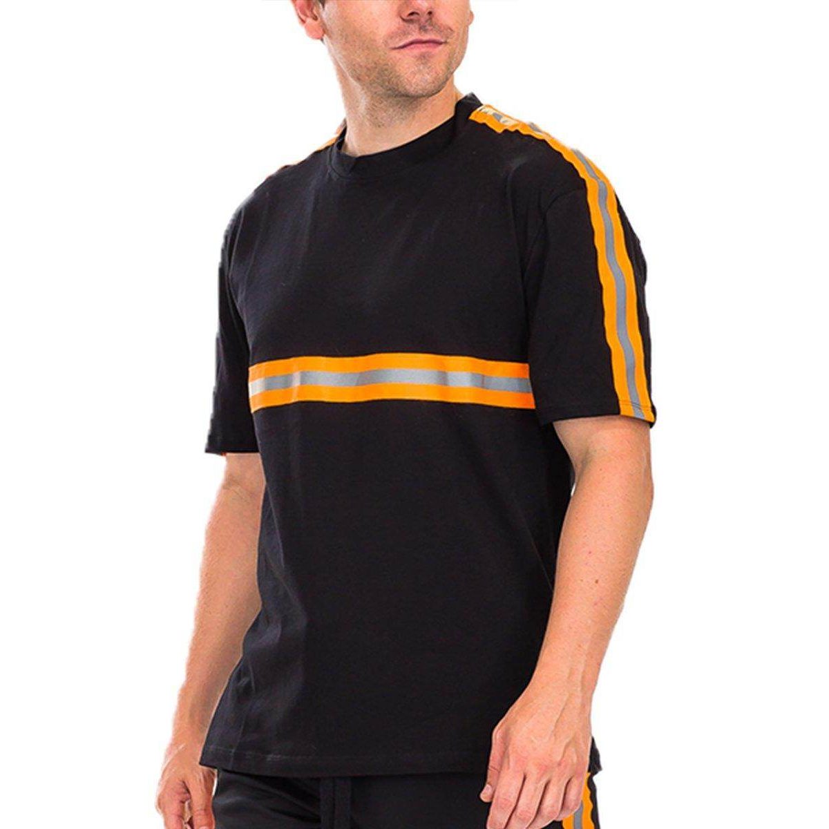 Men's black casual t-shirt for travel with orange striped design and comfortable fit