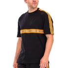 Men's black casual t-shirt for travel with orange striped design and comfortable fit