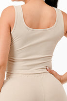 Beige ribbed casual two piece outfit for summer with sleeveless top and matching bottoms by VacationGrabs