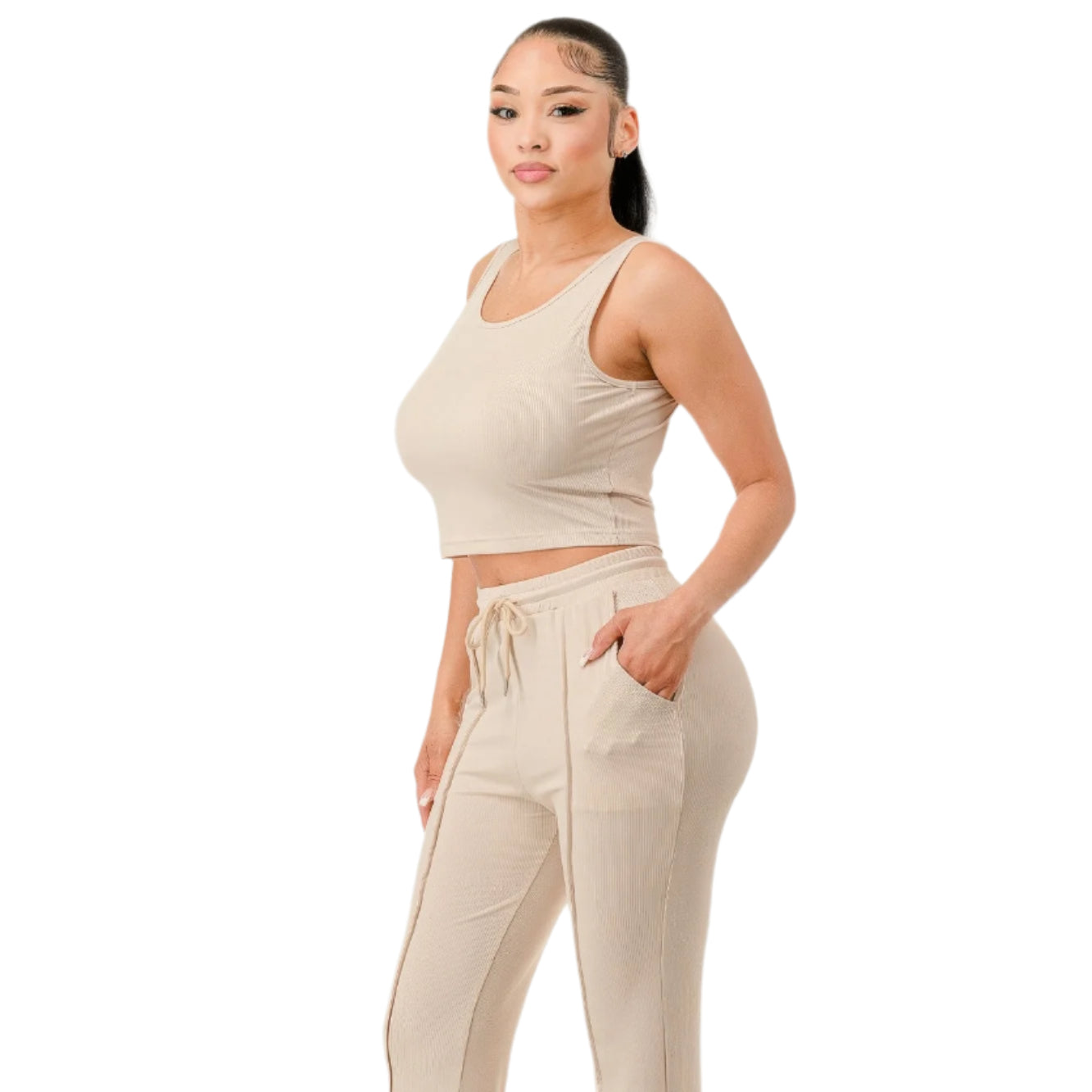 VacationGrabs casual two piece outfit for summer in beige featuring a sleeveless crop top and drawstring wide-leg pants