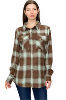 WEIV Women's Casual Vacation Flannel Shirt in Brown and Green Plaid Design