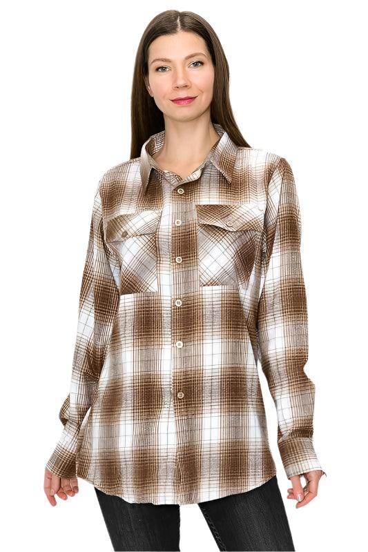 WEIV Women's Casual Vacation Flannel Shirt in Brown Plaid with Button Front and Two Chest Pockets