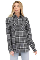 WEIV Women's Casual Vacation Flannel Shirt in Grey Plaid with Chest Pockets