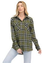 WEIV Women's Casual Vacation Flannel Shirt in Olive Green with Stylish Checkered Pattern