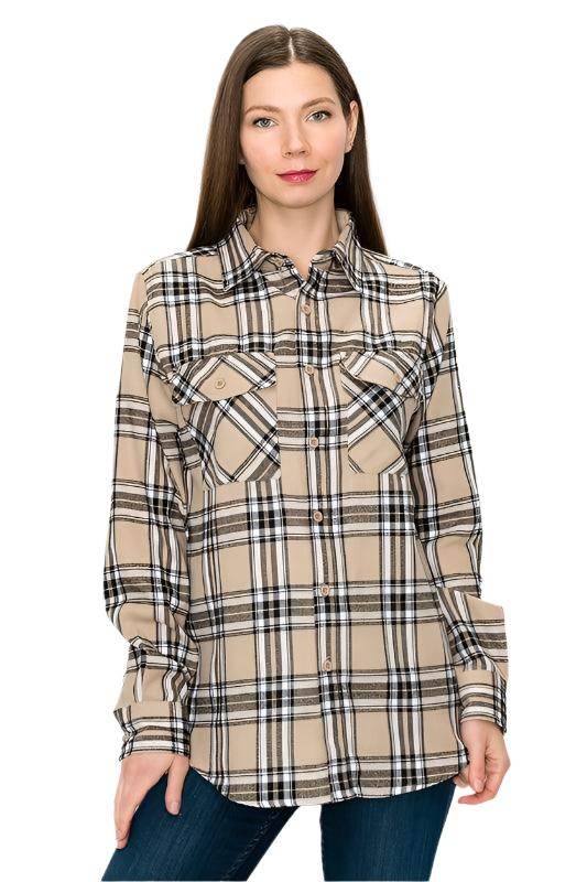 WEIV Women's Casual Vacation Flannel Shirt in Beige Plaid Design with Button Front and Pockets
