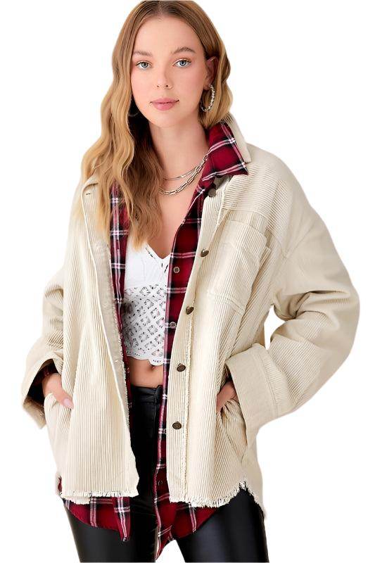 La Miel Women's Casual Vacation Jacket in beige with oversized fit and button closure for stylish layering