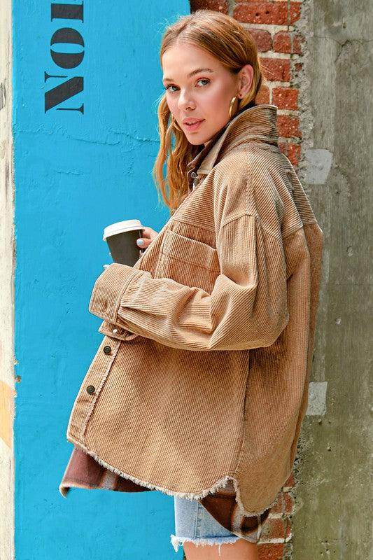 La Miel Women's Casual Vacation Jacket in Brown with Oversized Fit and Soft Corduroy Fabric
