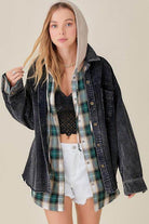 La Miel Women's Casual Vacation Jacket in Black Denim with Plaid and Hooded Design