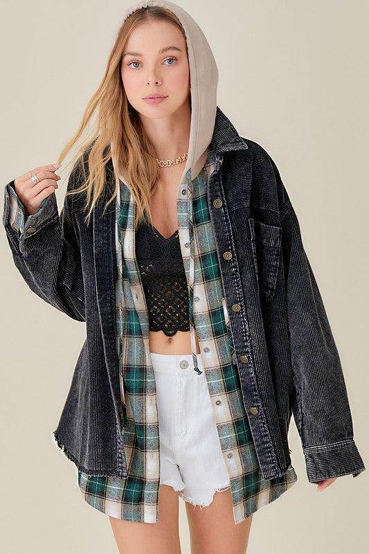 La Miel Women's Casual Vacation Jacket in Black Denim with Plaid and Hooded Design