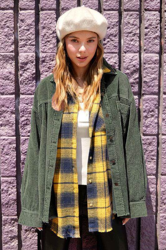 La Miel Women's Casual Vacation Jacket in Olive Green with Oversized Fit and Layered Look