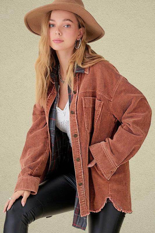 La Miel Women's Casual Vacation Jacket in Rust Color with Corduroy Fabric and Relaxed Fit