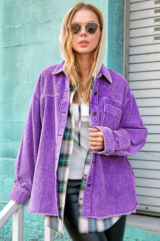 La Miel Women's Casual Vacation Jacket in Purple Corduroy with Oversized Fit and Hood