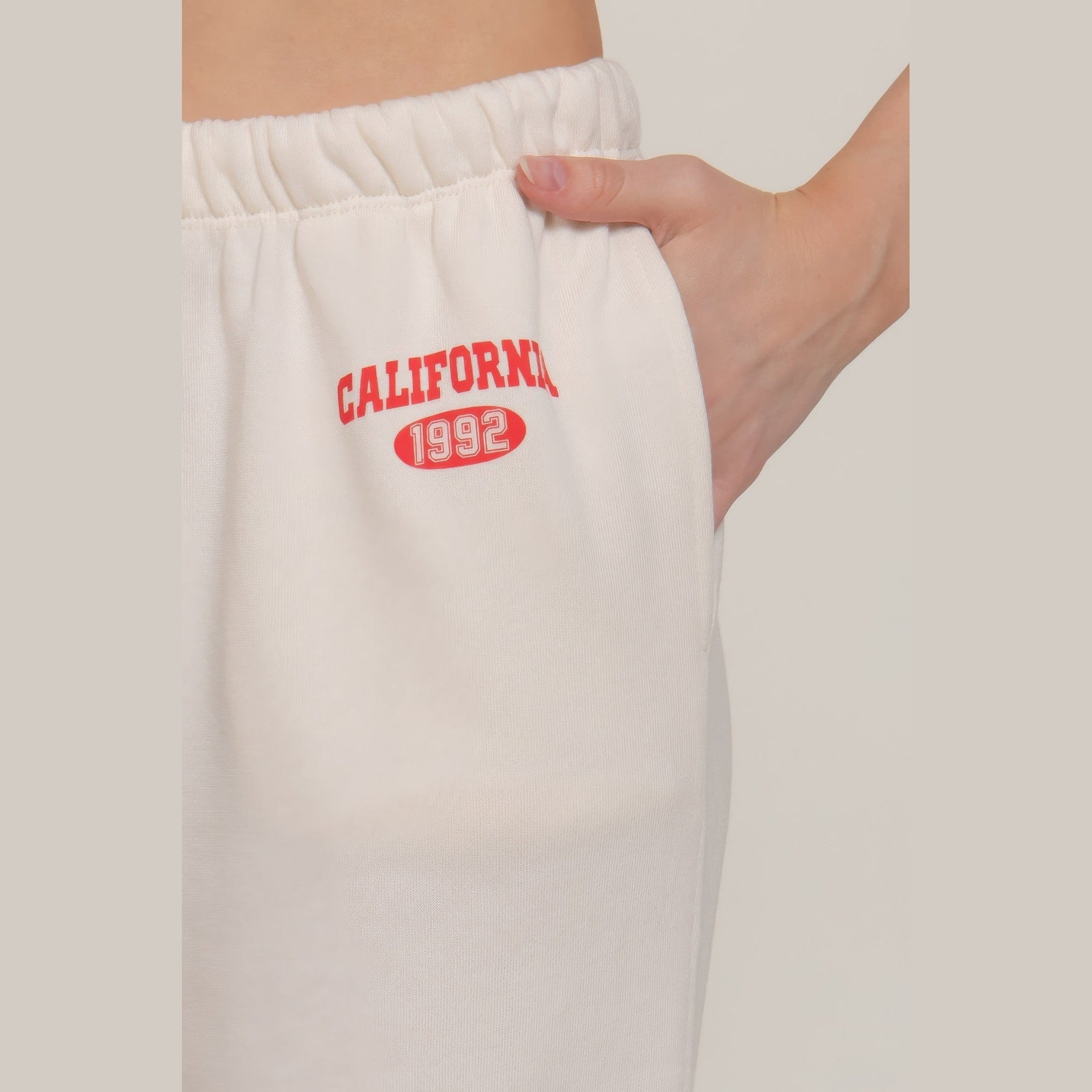 VacationGrabs women's casual vacation lounge pants in white with red California 1992 print and elastic waistband