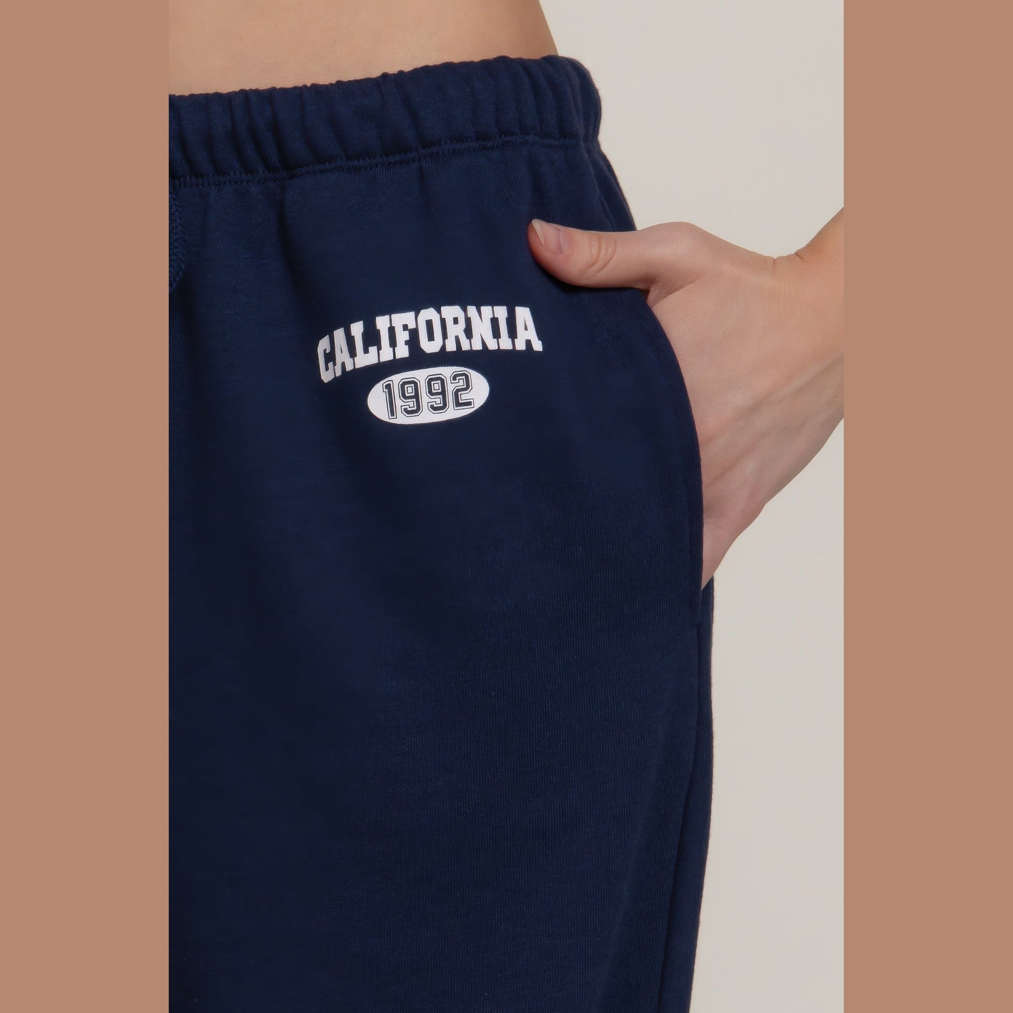 VacationGrabs women's navy casual vacation lounge pants with California 1992 print and elastic waistband