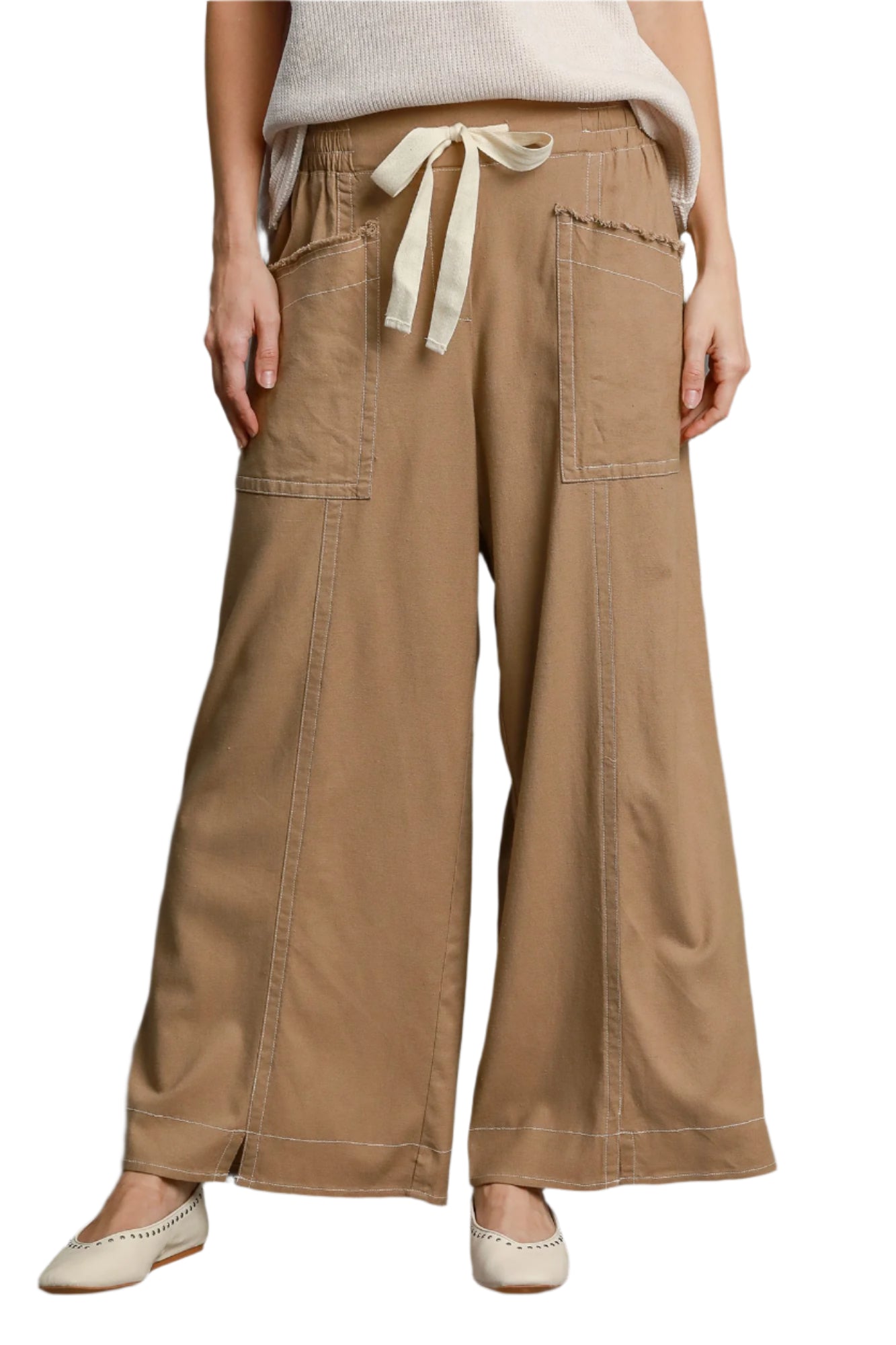 VacationGrabs casual vacation pants for women in tan with wide legs and front pockets