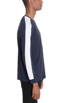 Men's casual vacation shirts in navy with white sleeve accents for relaxed travel style