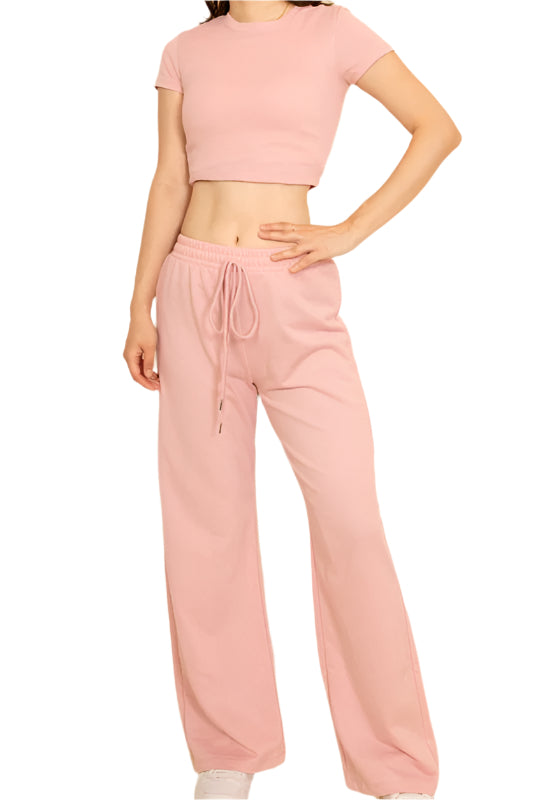 Capella pink casual wide-leg pants outfit with elastic waistband and matching crop top