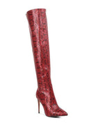Catalina Snake Print Stiletto Knee Boots - VacationGrabs