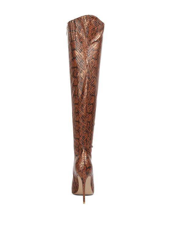 Catalina Snake Print Stiletto Knee Boots - VacationGrabs