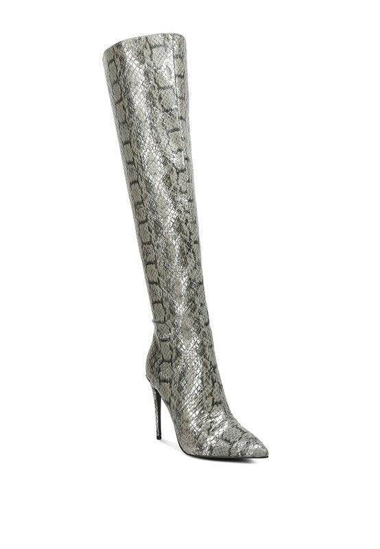 Catalina Snake Print Stiletto Knee Boots - VacationGrabs