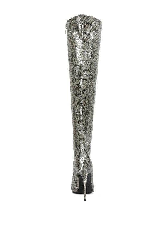 Catalina Snake Print Stiletto Knee Boots - VacationGrabs