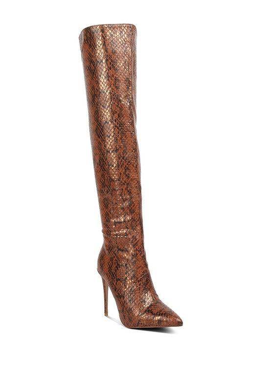 Catalina Snake Print Stiletto Knee Boots - VacationGrabs
