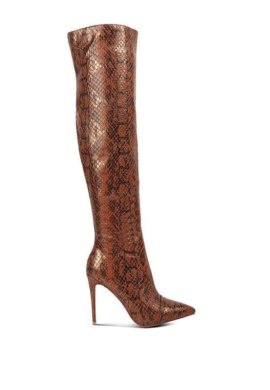 Catalina Snake Print Stiletto Knee Boots - VacationGrabs