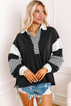Black Striped Colorblock Patchwork Collar Sweatshirt - VacationGrabs