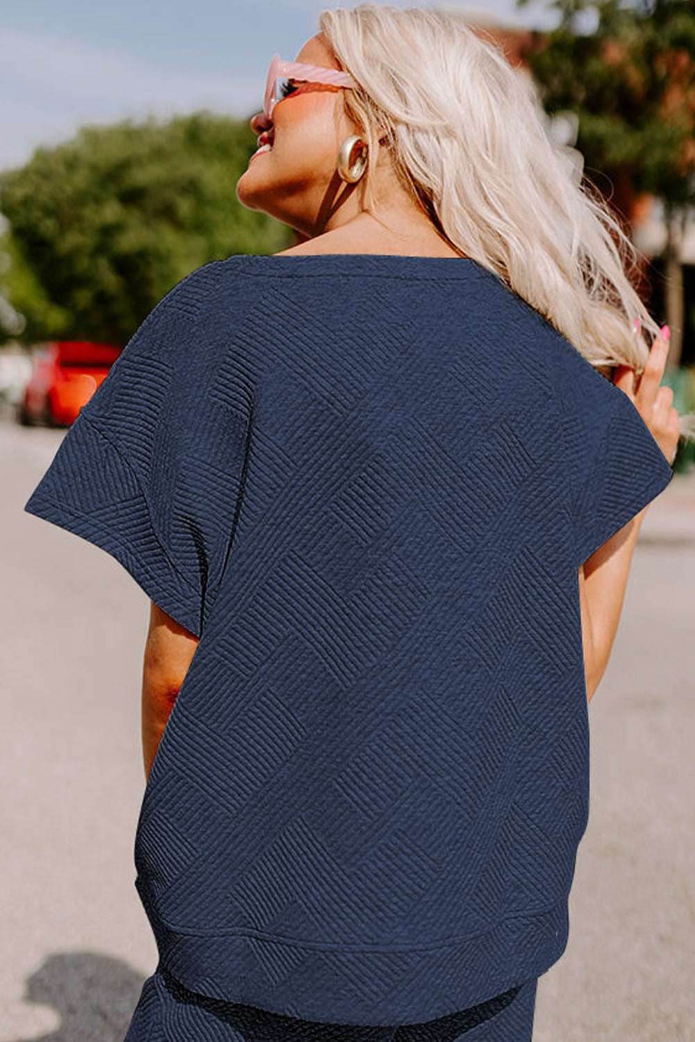 Navy Blue Textured Loose Fit T Shirt and Drawstring Pants Set - VacationGrabs