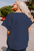Navy Blue Textured Loose Fit T Shirt and Drawstring Pants Set - VacationGrabs