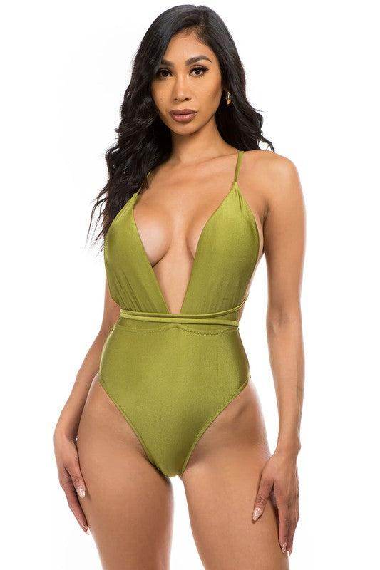 Deep V-Neck One-Piece Bathing Suit - VacationGrabs