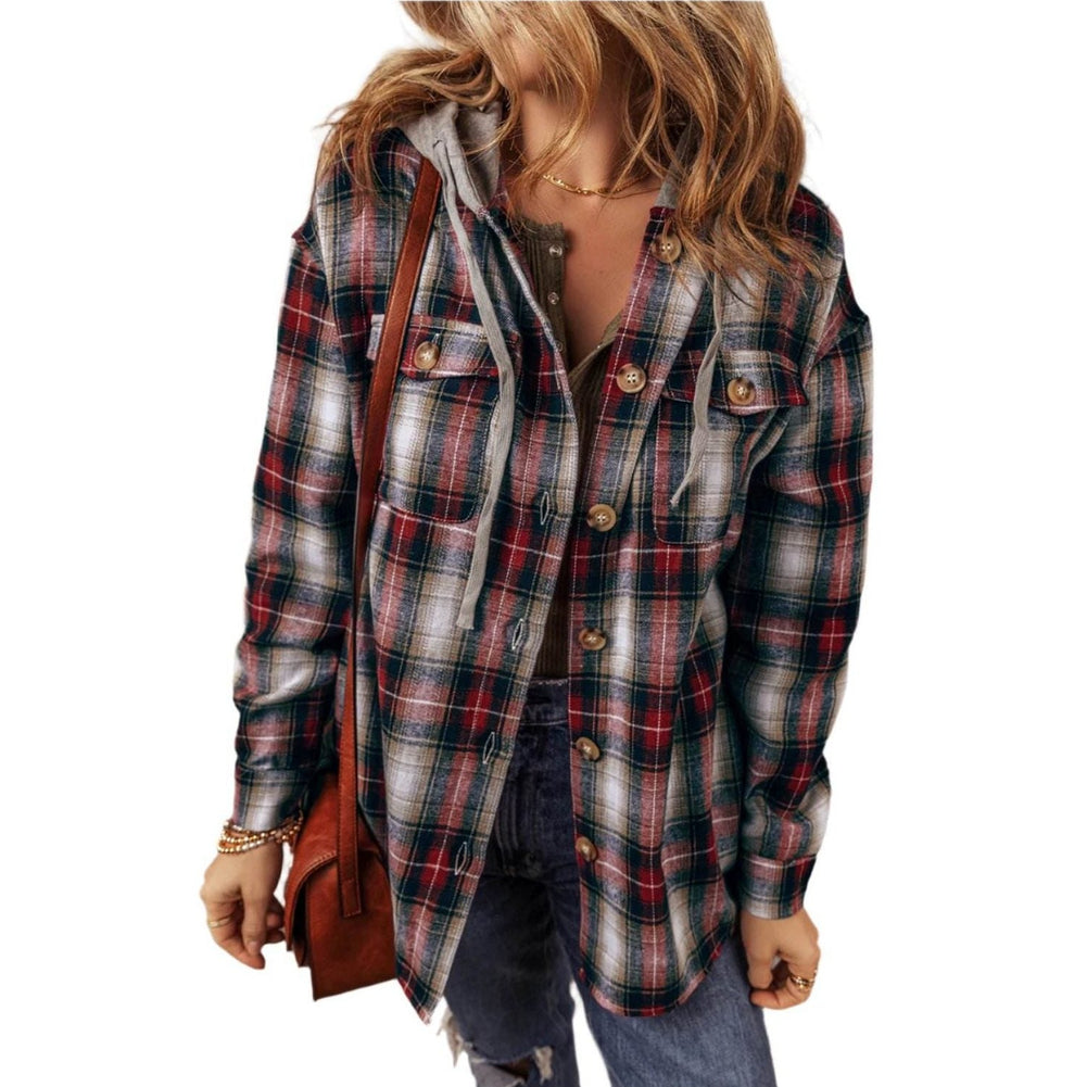 Red Plaid Print Chest Pocket Buttoned Hooded Shacket - VacationGrabs