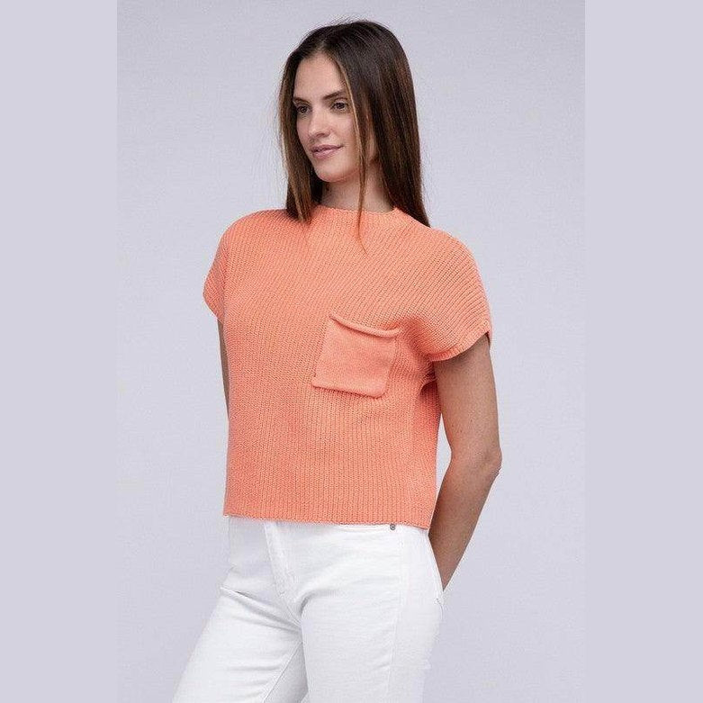 Mock Neck Short Sleeve Cropped Sweater - VacationGrabs