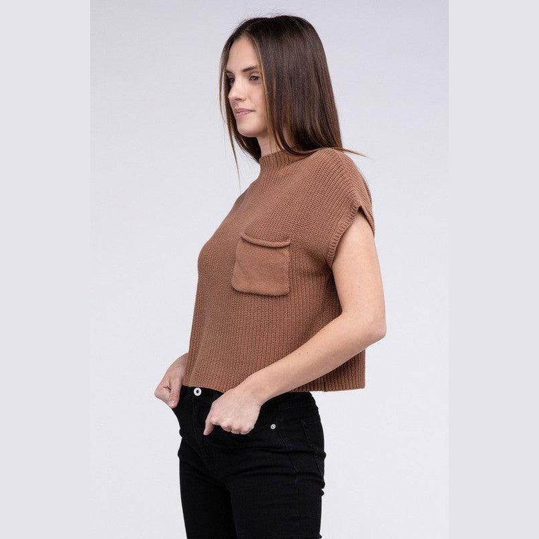 Mock Neck Short Sleeve Cropped Sweater - VacationGrabs