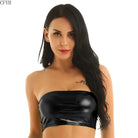Woman wearing a black shiny sexy thin tube top clubwear with long dark hair and red lipstick