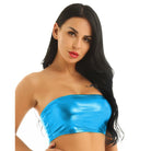 Blue shiny sexy thin tube top clubwear worn by woman with long black hair and red lipstick