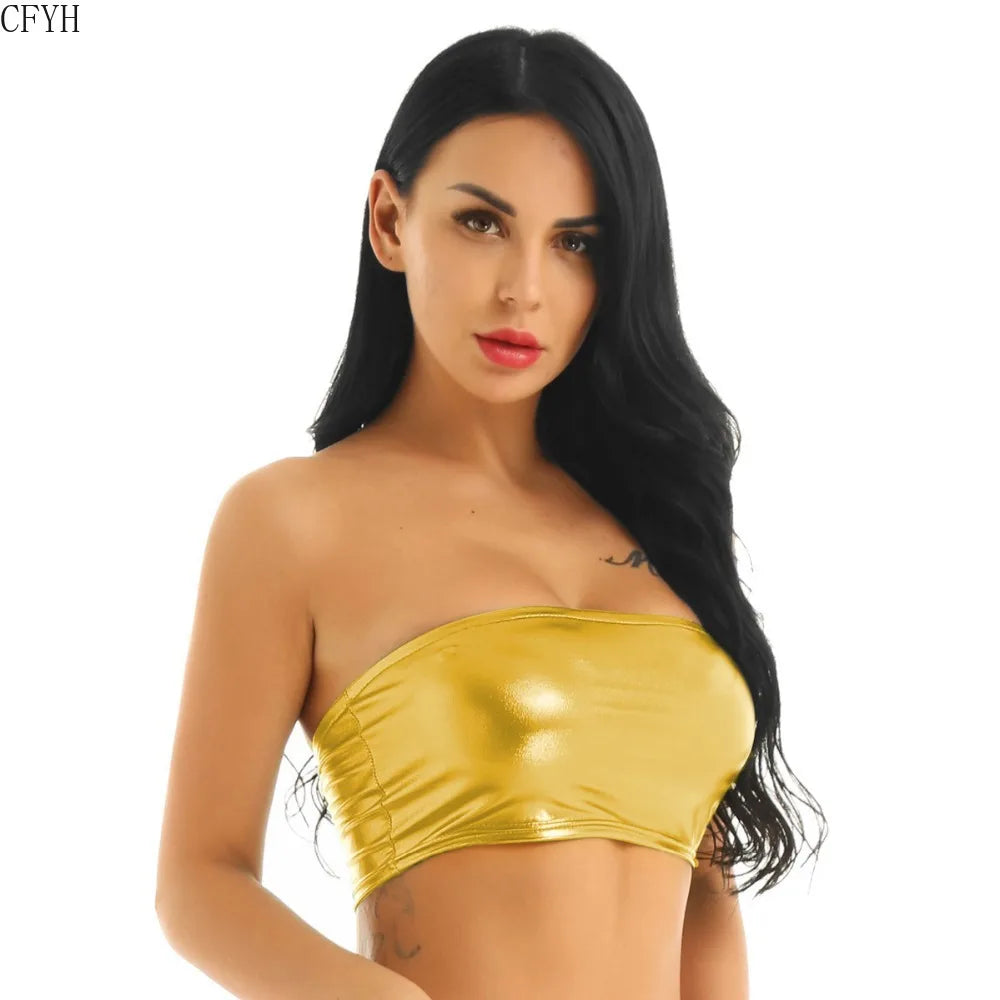 Woman wearing a gold sexy thin tube top clubwear with a shiny finish and strapless design