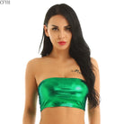 Green shiny sexy thin tube top clubwear modeled by woman with long black hair