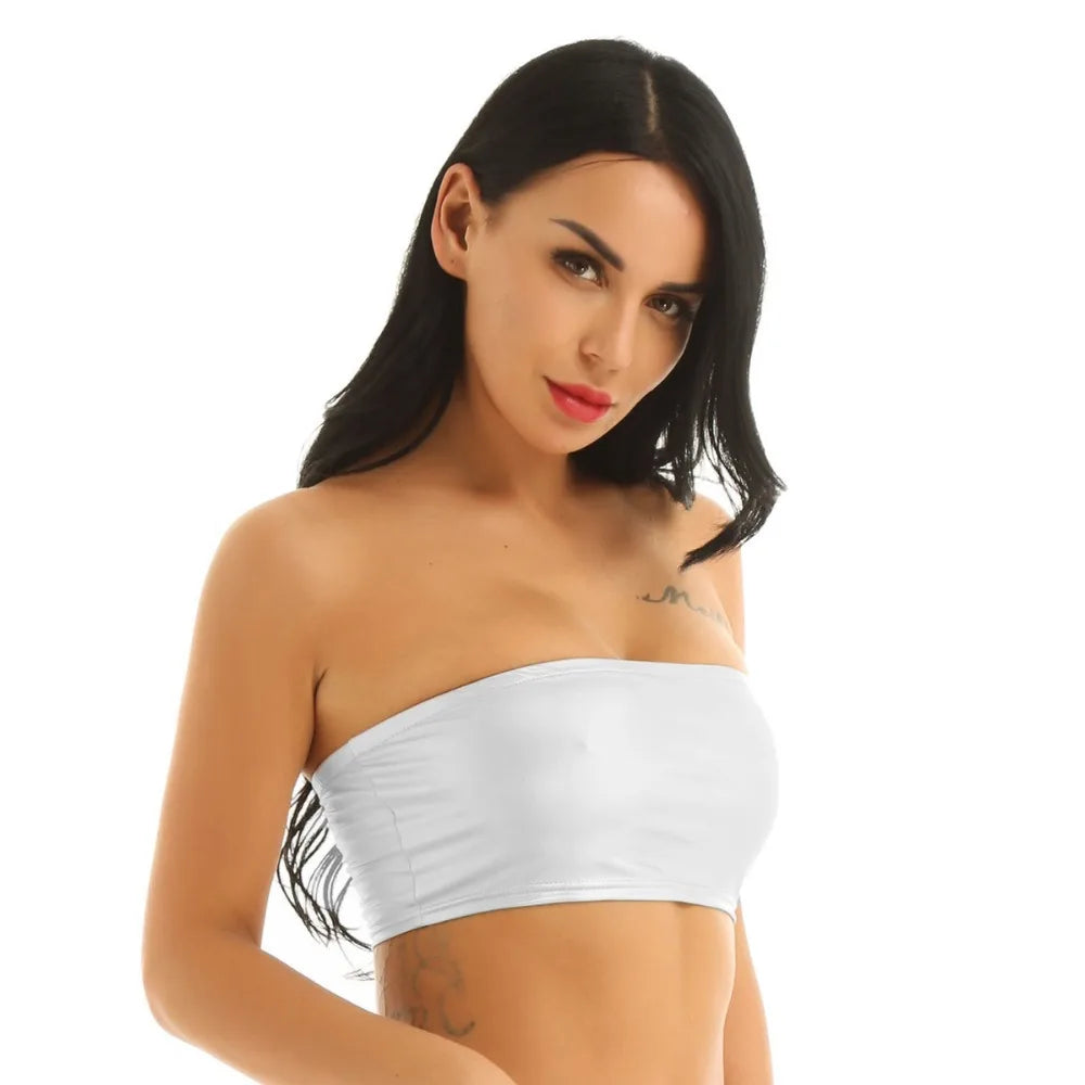Sexy thin tube top clubwear in white modeled by woman with long black hair for club fashion