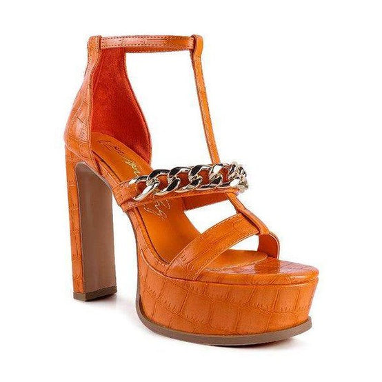 Rag Company chain accent high heels in vibrant orange with a stylish platform design